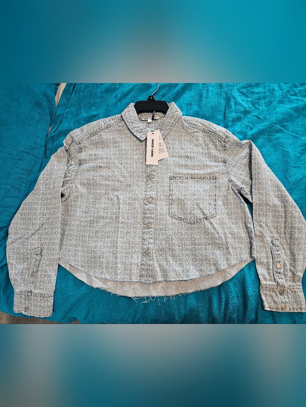 Dkny Light Blue Logo-Pattern Cropper Shirt Jacket Size S, NWT